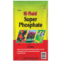 Hi-Yield Super Phosphate (0-18-0), image of a bright green and yellow fertilizer bag with floral pictures and product information for plant growth enhancement.