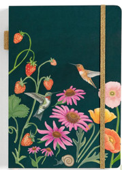 1canoe2 Lined Journal, decorative journal with a dark green cover featuring colorful flowers, strawberries, hummingbirds, and a snail, with a gold elastic band for closure.