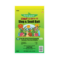 Ferti-lome Come and Get it Slug & Snail Bait - 3 Lb, package featuring colorful illustrations of flowers, a snail, and a slug on a green background.
