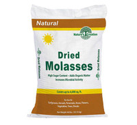 Natures Creation Dried Molasses, white and brown packaging bag with product description and uses for gardening and livestock.