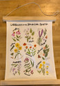 Wildflower Tapestry, illustration of various wildflowers of the American Prairie including coneflower, bee balm, purple lavender, sunflower, fireweed, milkweed, stiff goldenweed, purple asters, and coreopsis with labels and decorative illustrations.