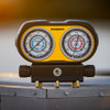 Fieldpiece GS322F Analog Gauge Set 3 Port Manifold on ac unit front view