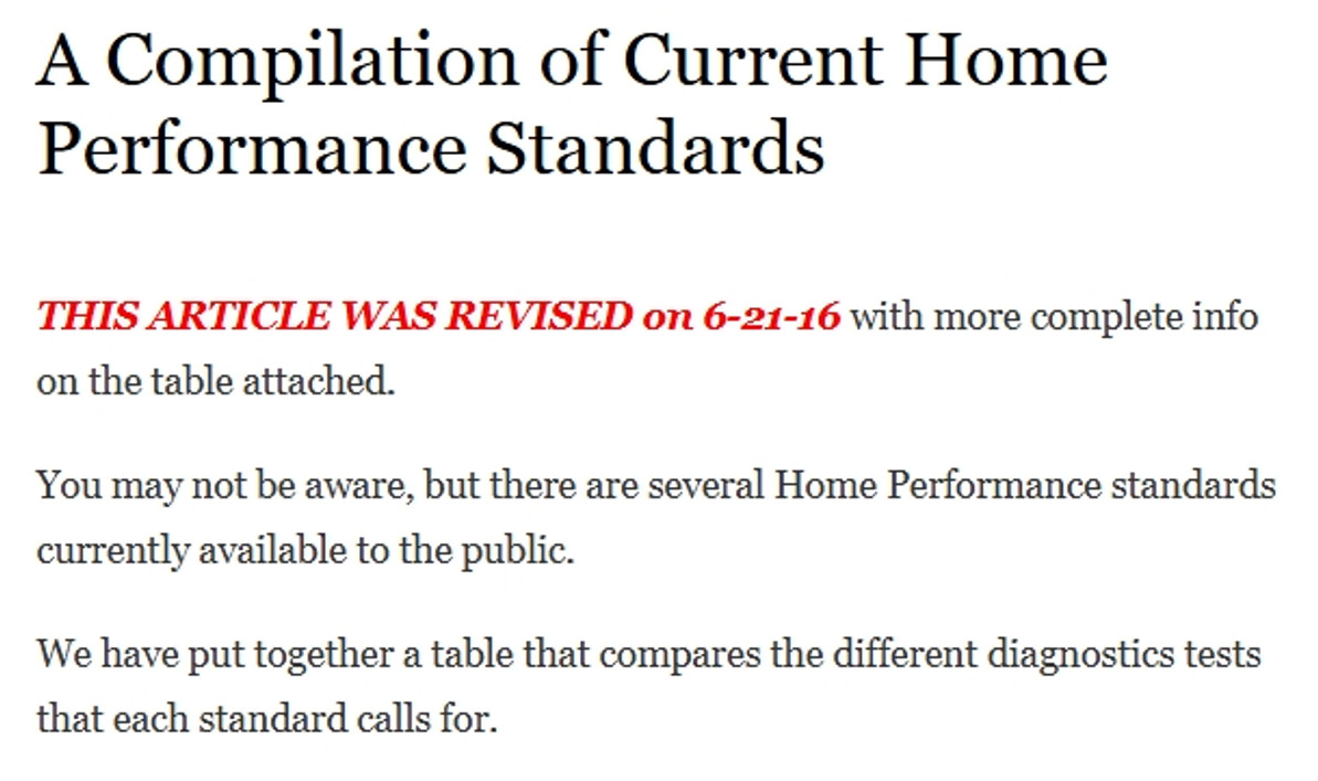 A Compilation of Current Home Performance Standards