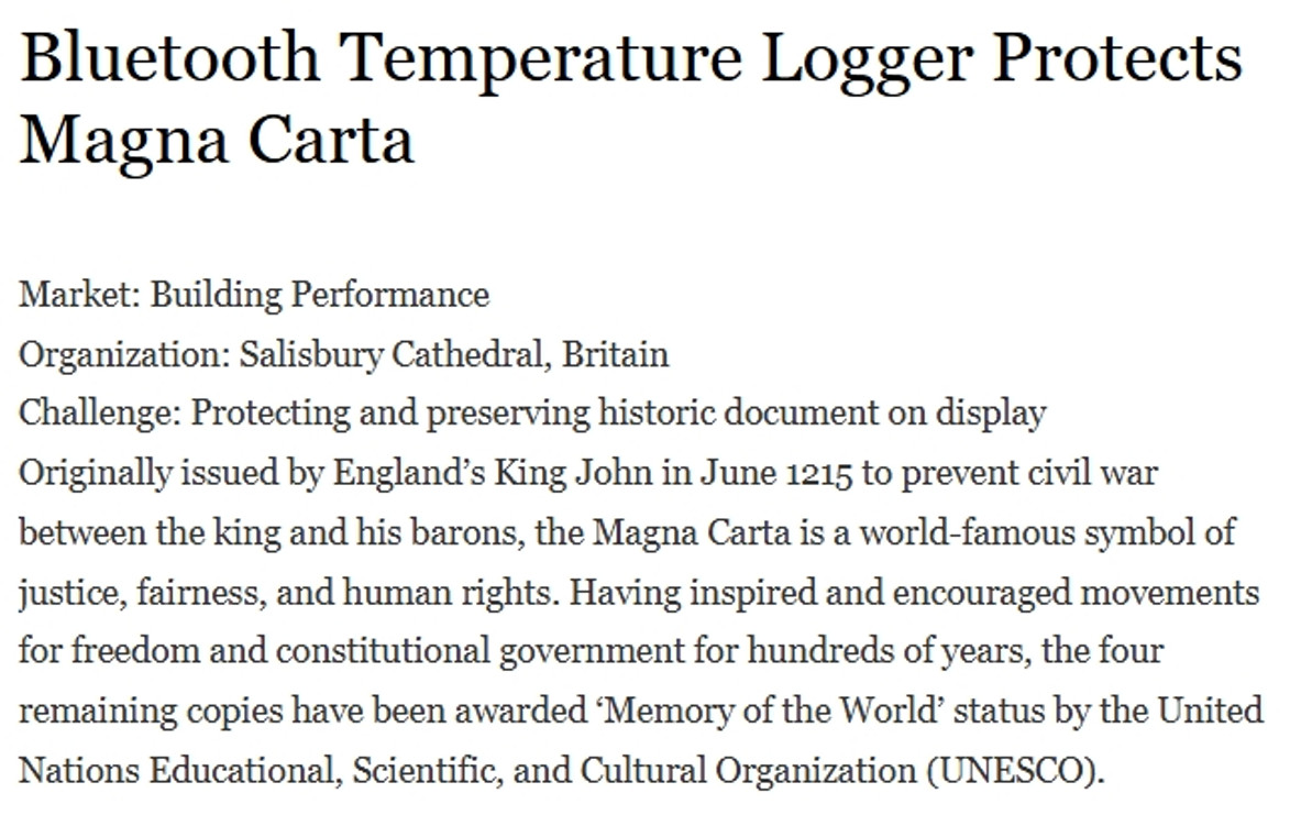 Bluetooth Temperature Logger Protects Magna Carta