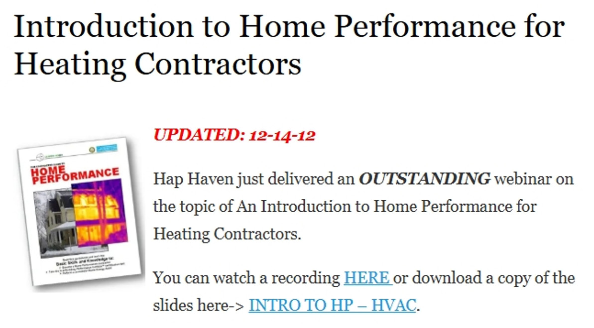 Introduction to Home Performance for Heating Contractors