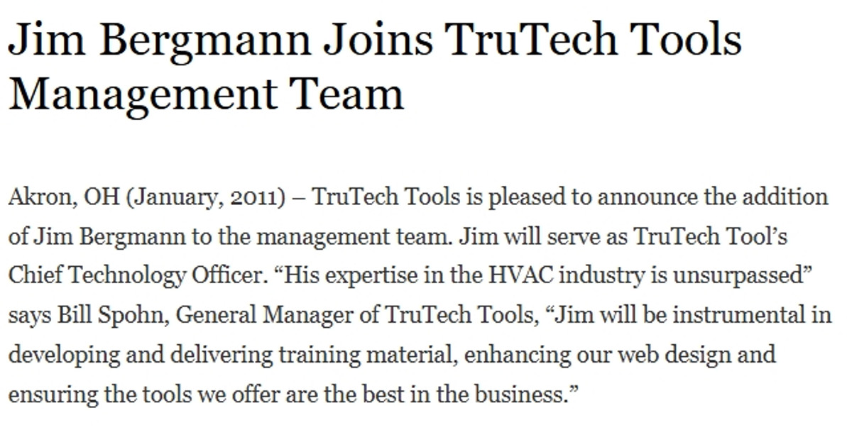 Jim Bergmann Joins TruTech Tools Management Team