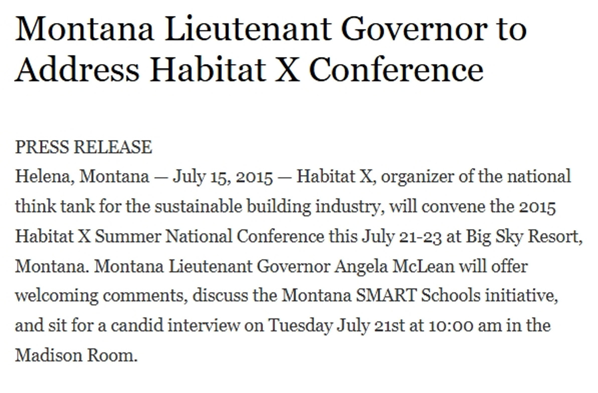 Montana Lieutenant Governor to Address Habitat X Conference