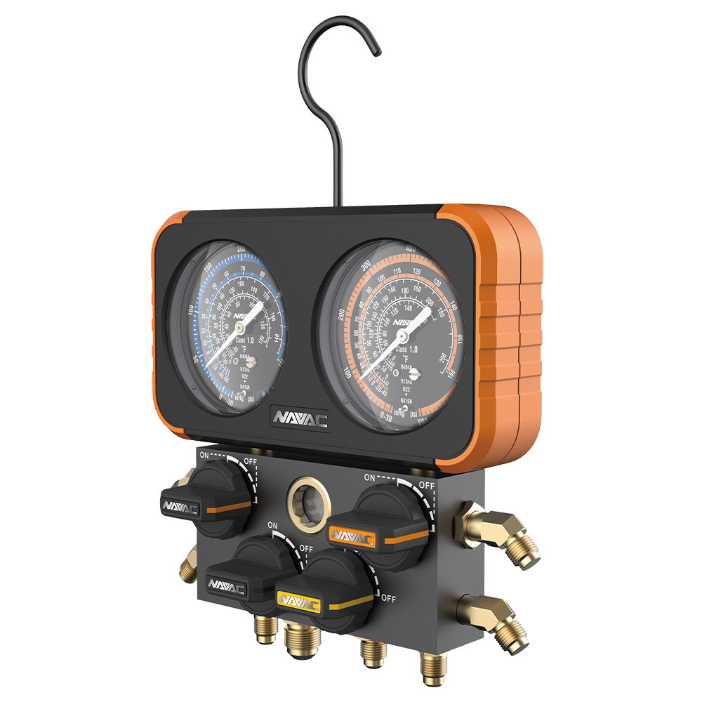 NAVAC N4A4H 4 Valve Manifold Gauge with 5' Hose Set