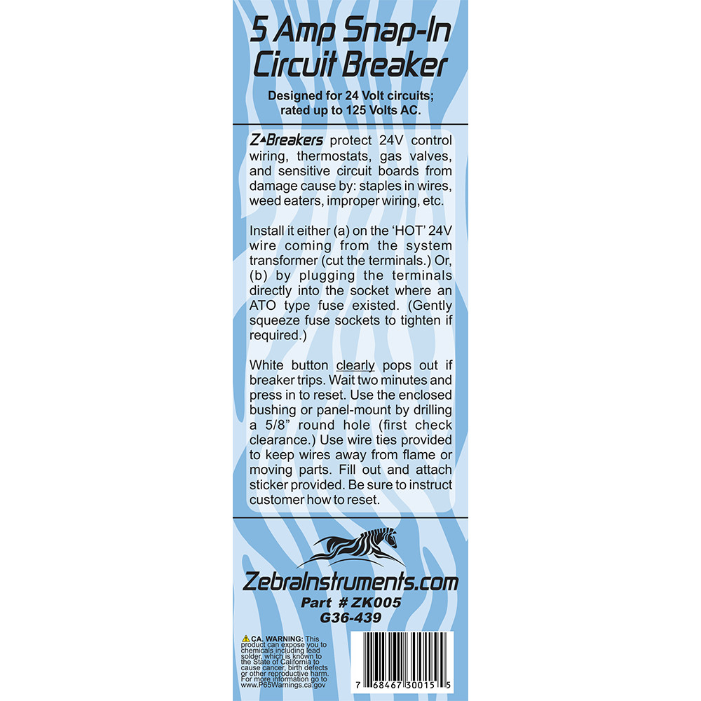 Zig-Zag – Circuit Breaker Zebra ZK005 Z-Breaker 5 Amp Circuit Breaker - 24 or 120 Volts