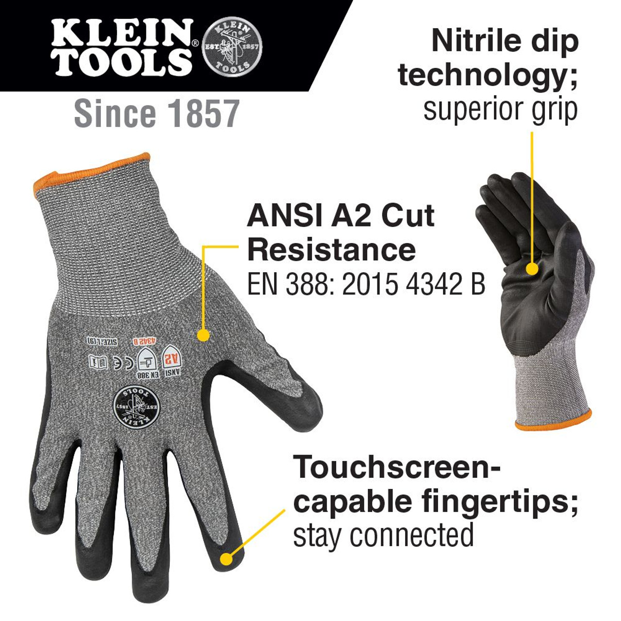 Klein 60185 Large Cut Level 2 Touchscreen Work Gloves