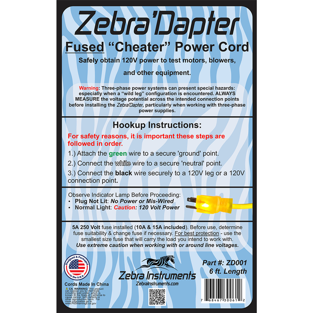 Zebra ZD001 Male Zebra 'Dapter 120V Power Tap Cord (Cheater