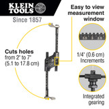 Klein Tools 53710 Adjustable Hole Saw with Auto-Set Arms 2" - 7" infographic