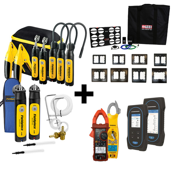 Fieldpiece Build Your Own measureQuick Kit comes with Fieldpiece Smart Probes JL3KH6 and JL3KM2, add on options to create your own kit! Options include Redfish electrical clamp meter, Sauermann Combustion Analyzers, and TEC Digital TruFlow Grid