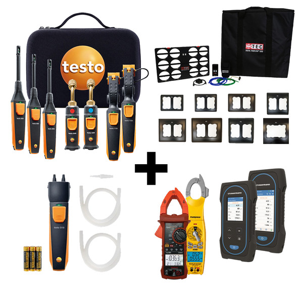 Testo Build Your Own measureQuick Kit comes with Testo Smart Probes 0563 0009 and 1510 Manometer, add on options to create your own kit! Options include Redfish electrical clamp meter, Sauermann Combustion Analyzers, and TEC Digital TruFlow Grid