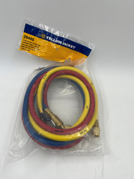 USED-29485-0626 Yellow Jacket 29485 PLUS II 1/4" Ball Valve Charging Hoses for R-410A Tanks, Yellow 1/4" Str. x 1/4" BV, Red/Blue 1/4" Str. x 5/16" BV - 3 Pack RYB 60" - Condition Like New