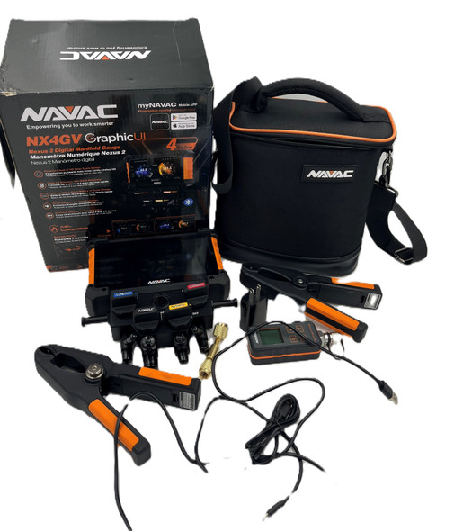 USED NAVAC NX4GV NEXUS 2 Digital Manifold Gauge 4 Valve with NMV1S Micron Gauge and Wireless Temp Clamps - Like New