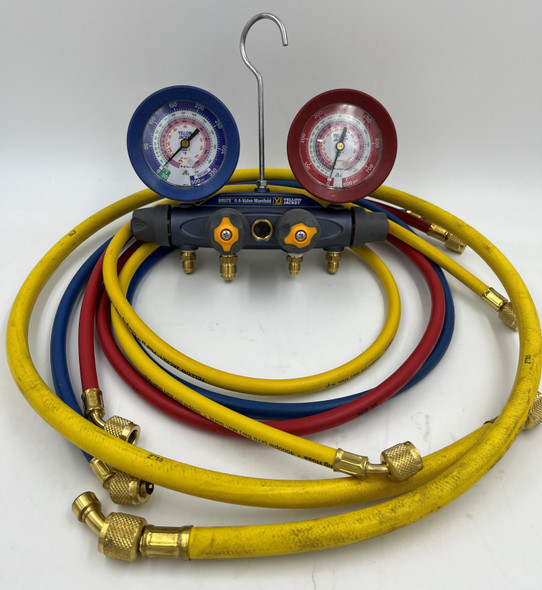USED Yellow Jacket 46022 BRUTE II Test and Charging Manifold 3-1/8" Gauges (psi, F) for R-22, R-404A, R-410A with 60" PLUS II Hose Set and 3/8" Charging Hose - Good - Hoses Scuffed