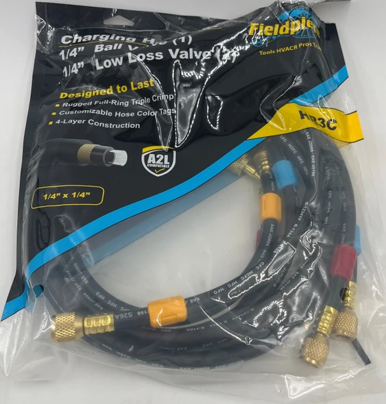 USED Fieldpiece HR3C 1/4" Refrigerant Charging Hoses Combo Pack - (2) Low Loss plus (1) Ball Valve - Like New
