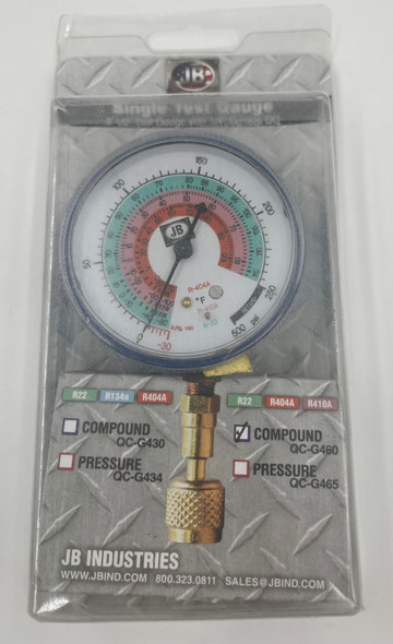 USED JB QC-G460 Quick Connect 2-1/2" Single Test Gauge Blue Compound Low Pressure - R22, R410A, R404A - Like New