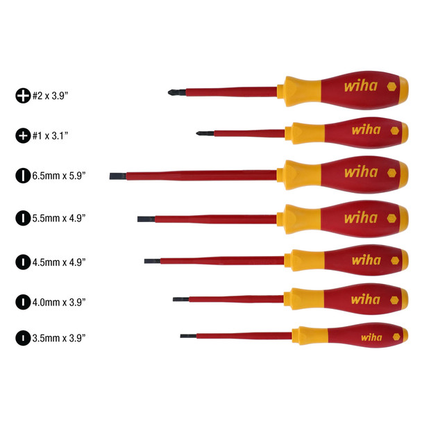 Wiha 32195 Insulated SlimLine Screwdriver 7 Piece Set with tips labeled