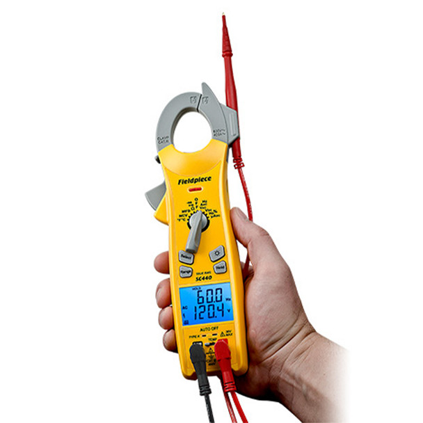 Fieldpiece SC440 True RMS HVAC Clamp Meter in hand