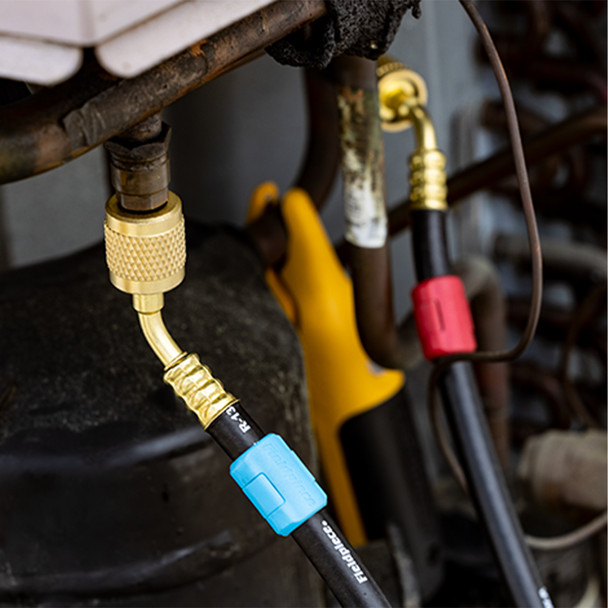 Fieldpiece HR3L 1/4" Low Loss Refrigerant Charging Hoses in use