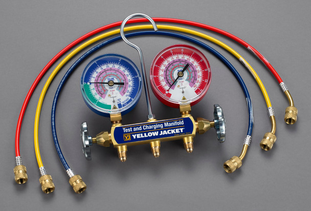 Yellow Jacket 41868 Series 41 2-Valve Refrigerant Manifold 3-1/8" Gauges (bar/psi, F/C) for R-600A and R-290 with 24" REFFLEX Hose Set