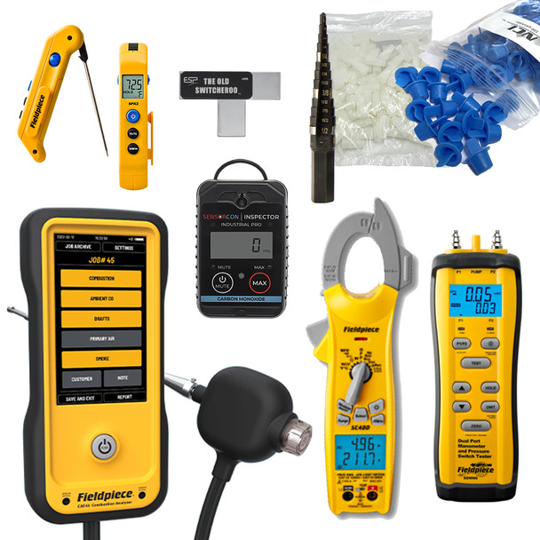 Fieldpiece Complete Combustion Testing Kit including CAT45 Analyzer, SDMN6 Manometer, and SC480 Clamp Meter