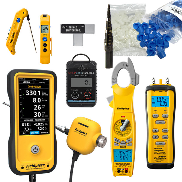 Fieldpiece Complete Combustion Testing Kit including CAT85 Analyzer, SDMN6 Manometer, and SC680 Clamp Meter