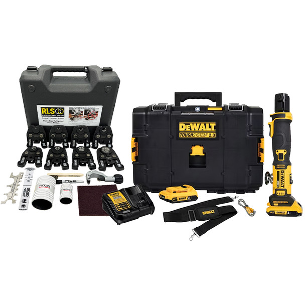 DeWalt DCE210D2 20V MAX Compact Inline Press Tool Kit with RIDGID 24kN Refrigerant Copper Press 8-Jaw Kit 1/4" - 1-3/8" in cases