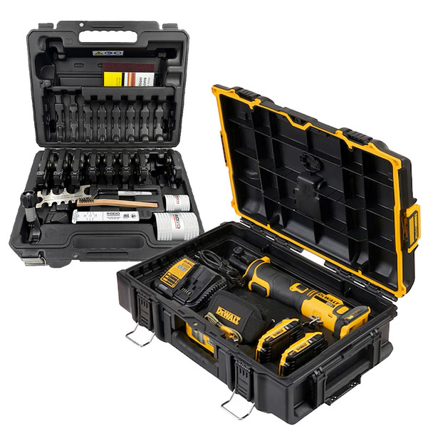 DeWalt DCE210D2 20V MAX Compact Inline Press Tool Kit with RIDGID 24kN Refrigerant Copper Press 8-Jaw Kit 1/4" - 1-3/8" in cases