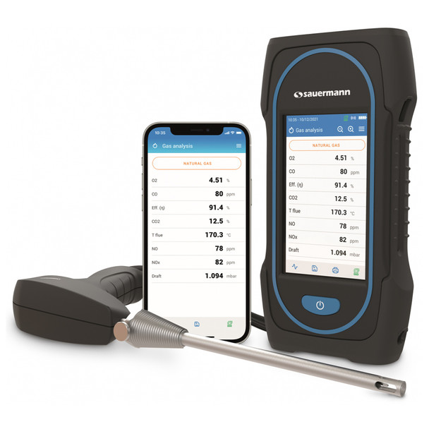 Sauermann Si-CA 130 Kit 2BH Two Gas Commercial Combustion Analyzer with O2 & CO, 12in Probe with 10ft Dual Hose shown with smart device (not included)