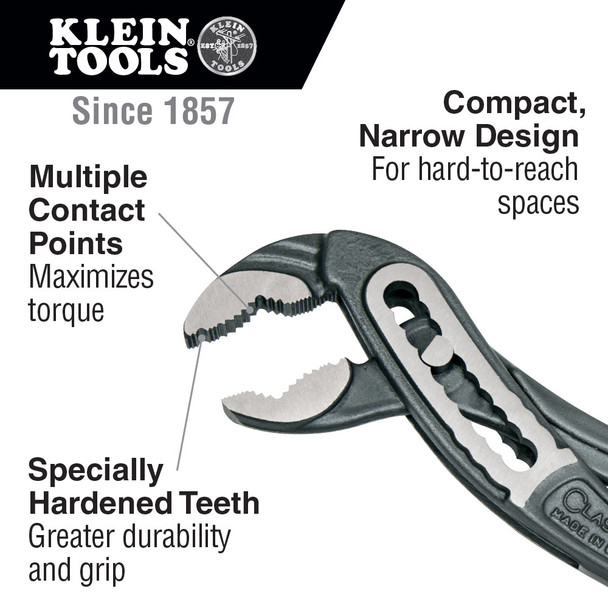 Klein Tools D50510 Classic Klaw Pump Pliers 10-Inch infographic