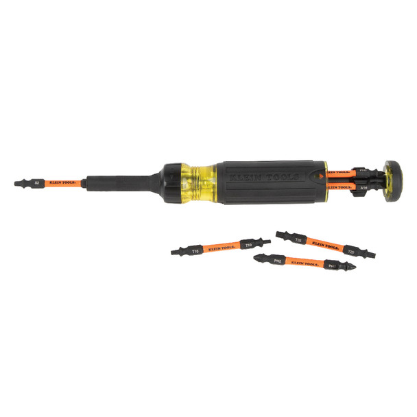 Klein Tools 32313HD 13-in-1 Ratcheting Impact Rated Screwdriver with bits in storage