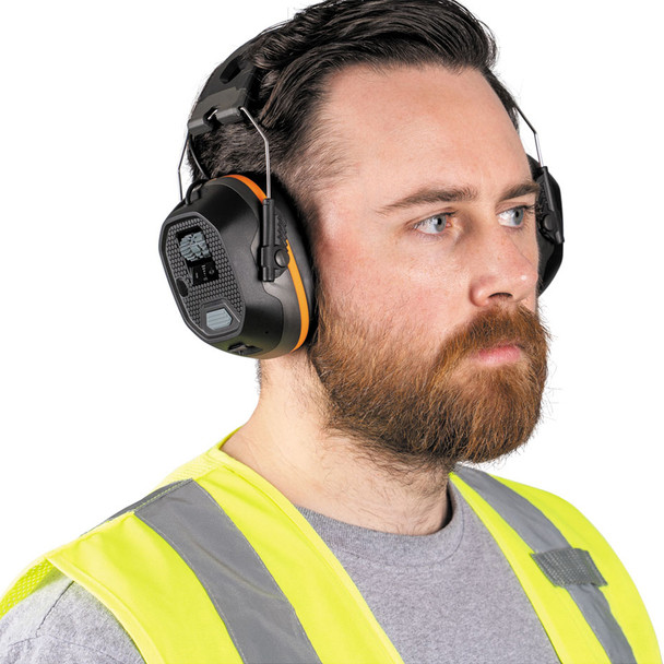 Klein Tools AESEM1S Situational Awareness Bluetooth Earmuffs on head