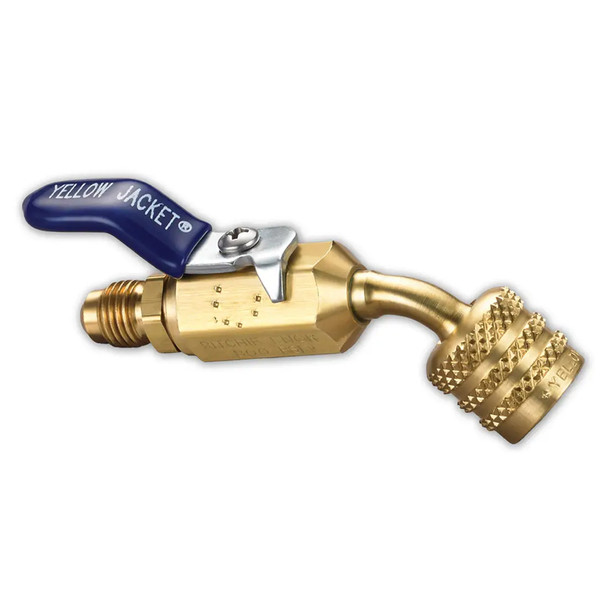 Yellow Jacket 93867 1/4" Ball Valve Hose Adapter for Left-Handed A2L Refrigerant Tanks - Female LH to Male RH Angled Fitting