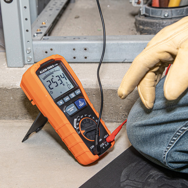 Klein Tools ET600 Insulation Resistance Tester Megohmmeter in use kickstand