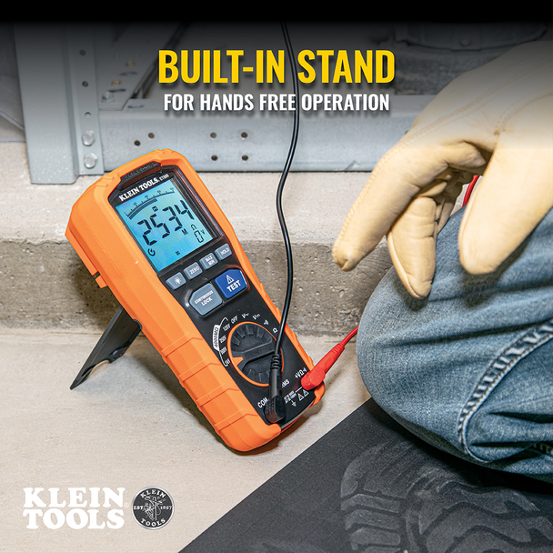 Klein Tools ET600 Insulation Resistance Tester Megohmmeter built in stand infographic