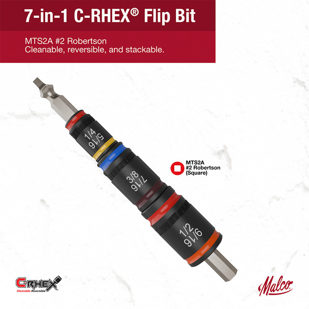 Malco MTS2A 7-in-1 C-RHEX Flip Bit Hex Sockets infograph cleanable, reversible, stackable