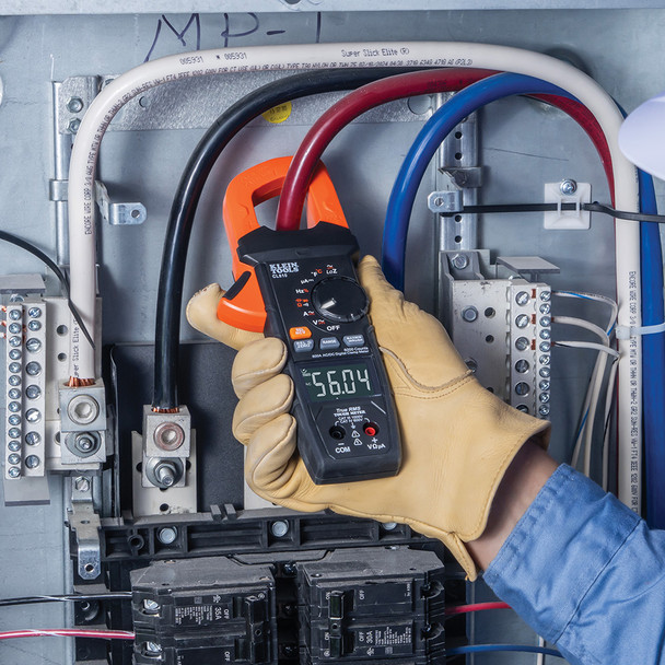 Klein Tools CL810 Auto Ranging True RMS Digital Pro Clamp Meter in use on large cables