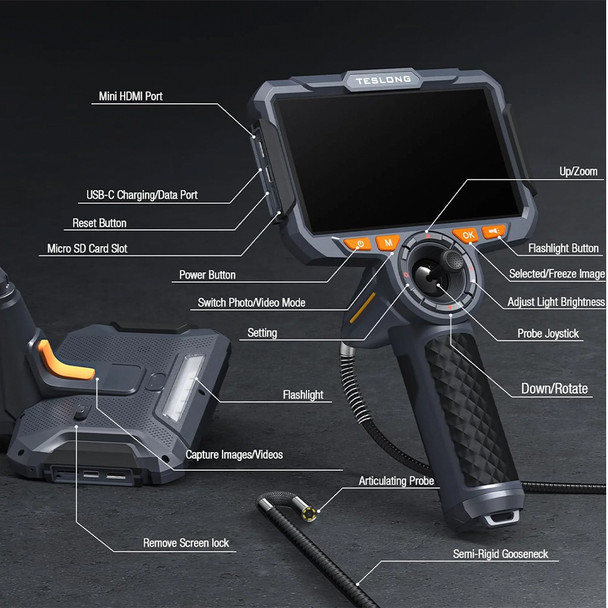 Teslong TF600 4 Way Articulating Single Lens Inspection Camera infograph buttons and features