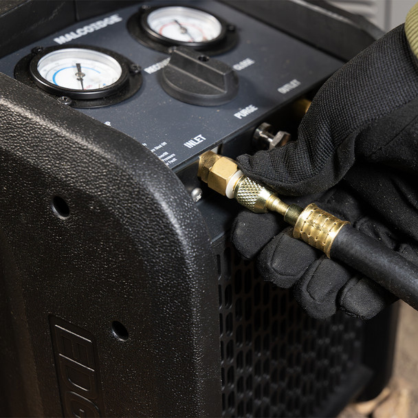 MalcoEdge RH6038 TurboFlow Refrigerant Hose in use with recovery machine
