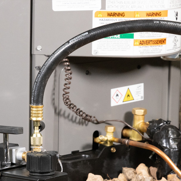 MalcoEdge RH7214 TurboFlow Refrigerant Hose in use with vacuum pump