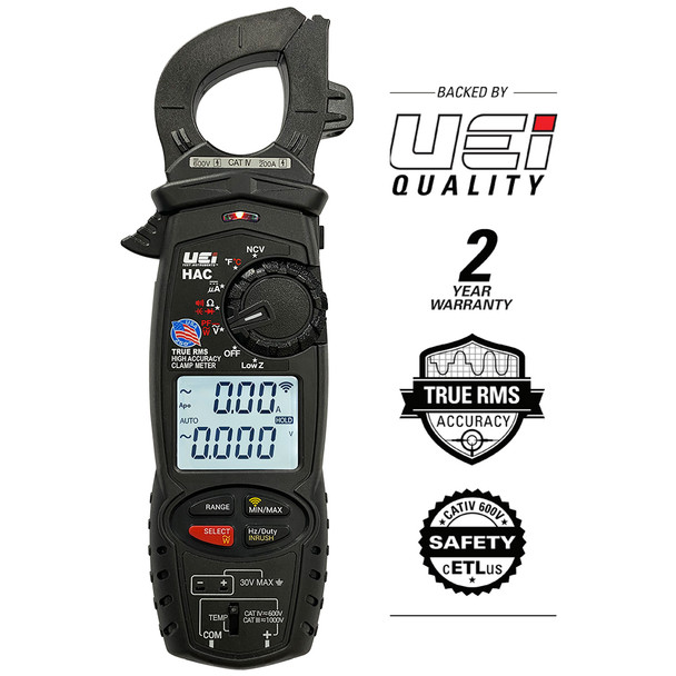 UEi HAC High Accuracy Clamp Meter with backed by UEi graphics