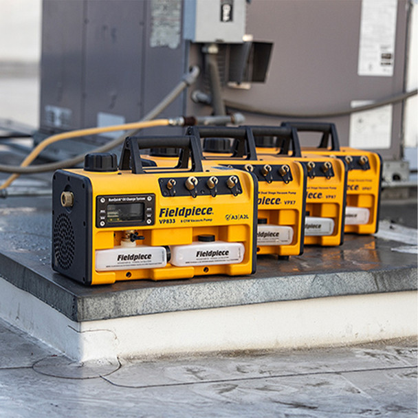 Fieldpiece VP833 RunQuick Dual Stage Vacuum Pump 8CFM lined up