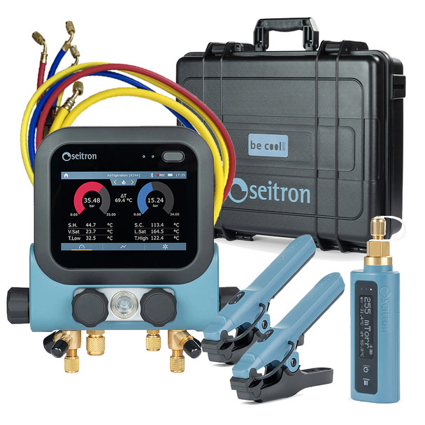 Seitron Be Cool Evo M4S 4 Port Digital Manifold Smart Kit with Wireless Temperature Clamps, Vacuum Gauge, Hoses and Hard Case
