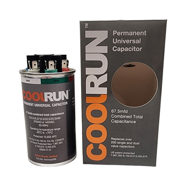 FalconChoice UNICAP200 CoolRun Permanent Universal Capacitor, 2.5-25 MFD (67.5 Combined) front with box