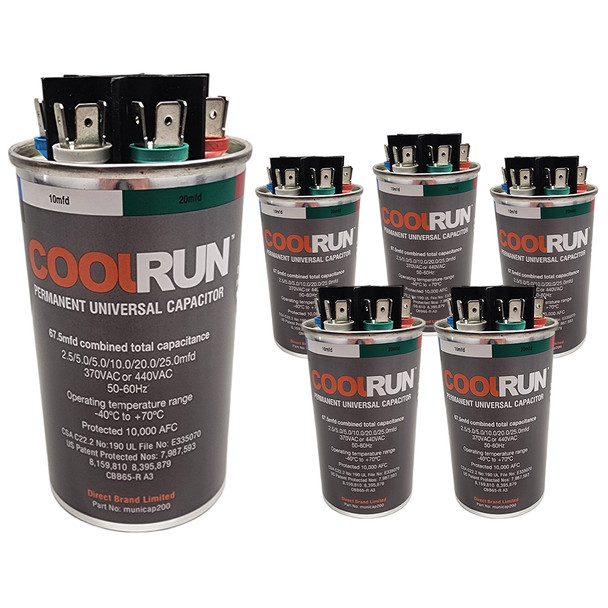 FalconChoice UNICAP200 CoolRun Permanent Universal Capacitor, 2.5-25 MFD (67.5 Combined), 370/440 VAC - Pack of 6