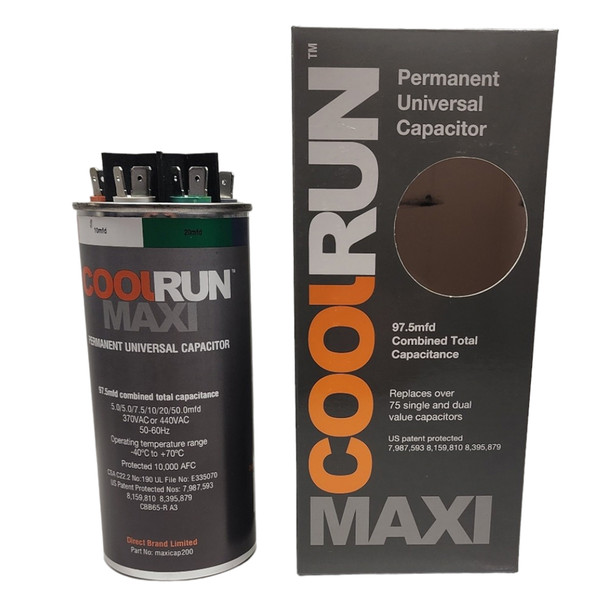 FalconChoice MAXICAP200 CoolRun Permanent Universal Capacitor, 5-50 MFD (97.5 Combined) front with box
