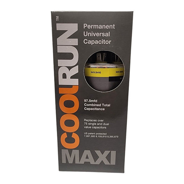 FalconChoice MAXICAP200 CoolRun Permanent Universal Capacitor, 5-50 MFD (97.5 Combined) front in box